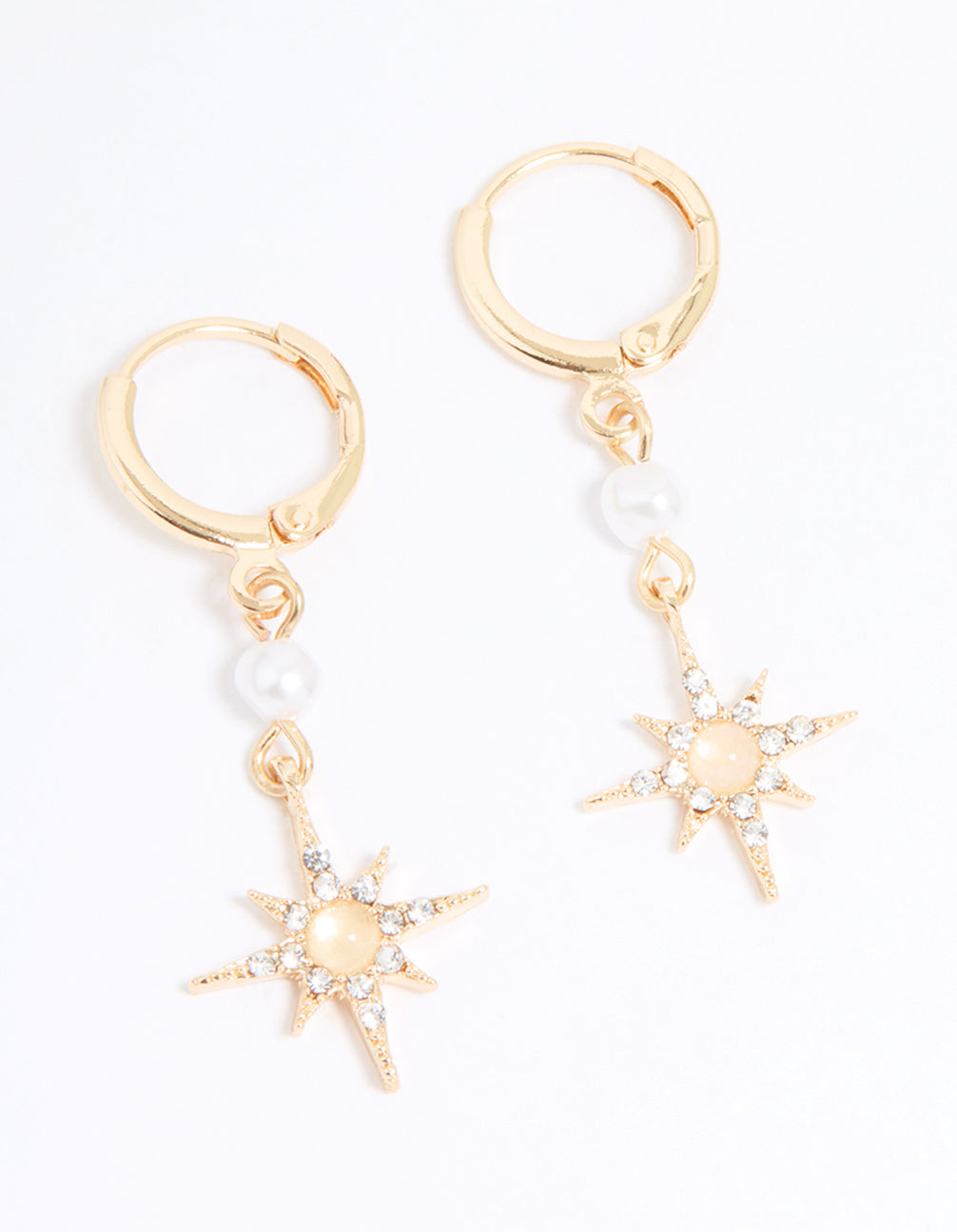 Gold Diamante & Pearl Star Drop Huggie Earrings