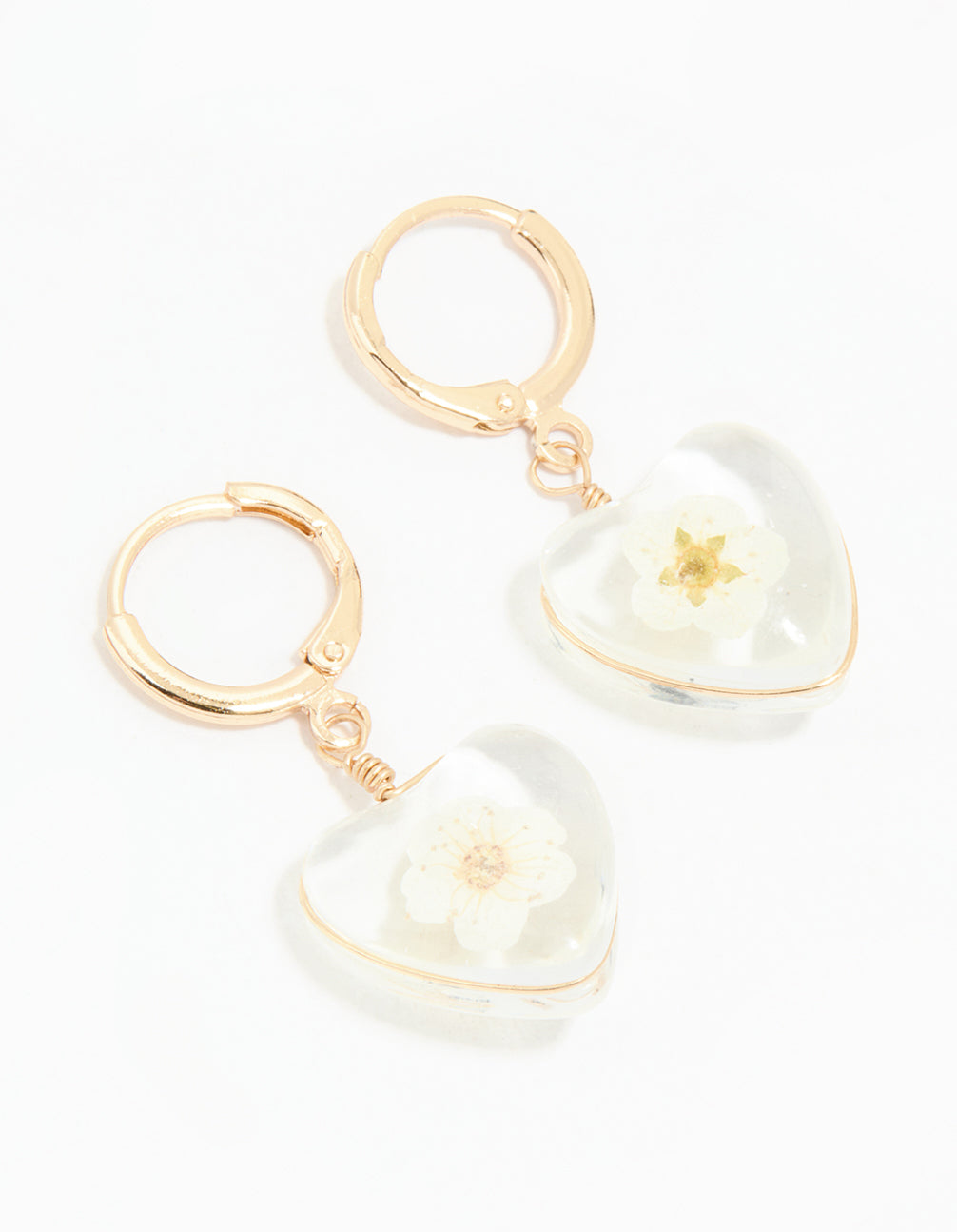 Gold Acrylic Flower Centre Heart Huggie Earrings