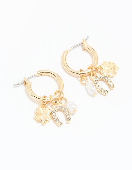 Gold Diamante Horseshoe & Clover Huggie Earrings