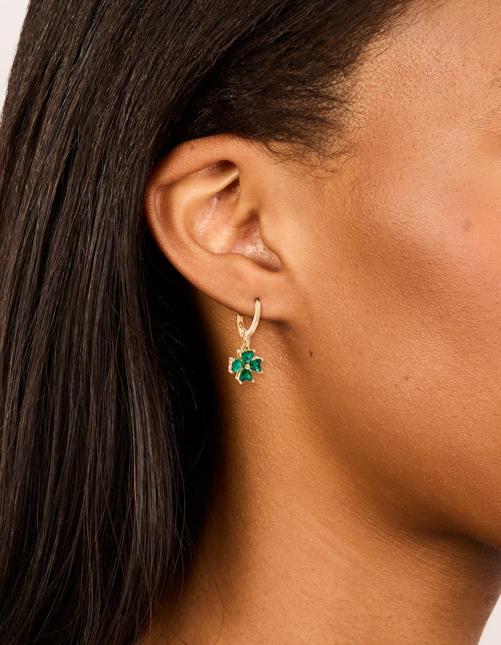 Gold Green Cubic Zirconia Lucky Clover Huggie Earrings