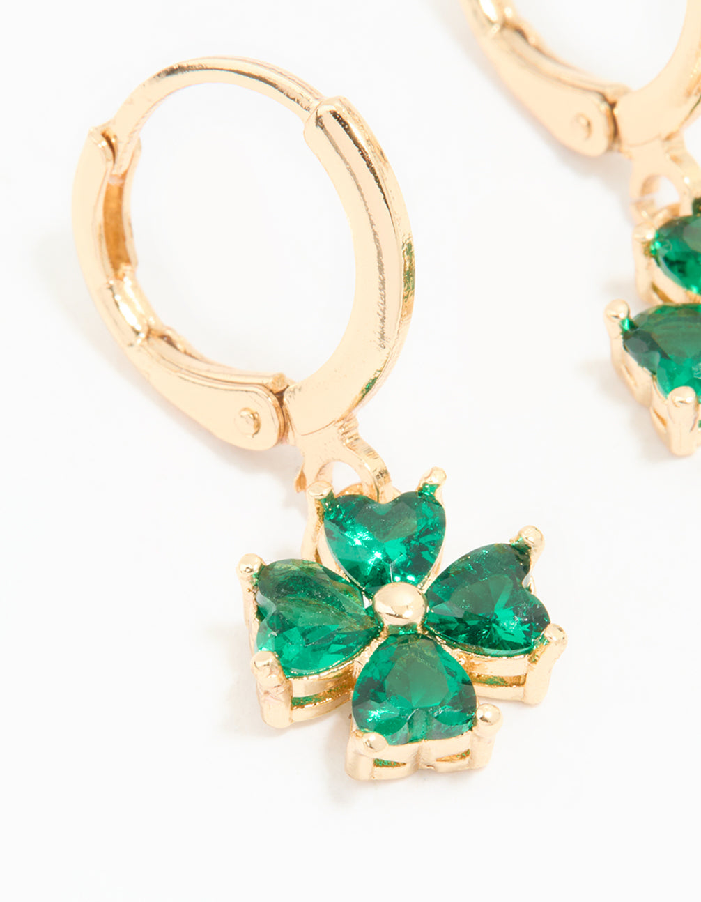 Gold Green Cubic Zirconia Lucky Clover Huggie Earrings