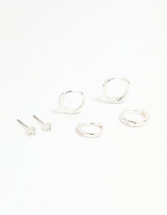 Silver Cubic Zirconia Celestial & Classic Huggie Earrings 3-Pack