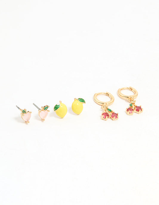 Gold Enamel Mixed Fruit Stud Earrings 3-Pack