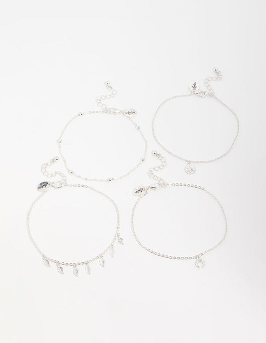 Antique Silver Leaf & Station Anklets 4-Pack