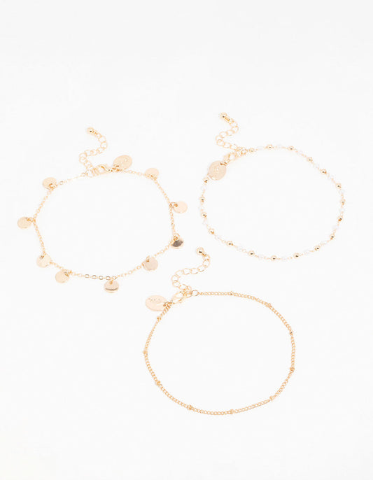 Gold Pearl Disc & Twisted Anklets 3-Pack