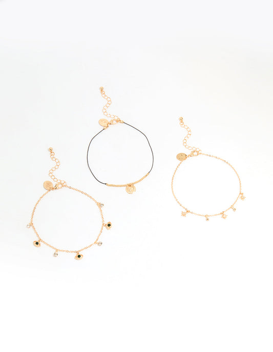 Gold Evil Eye & Coin Chain Anklets 3-Pack