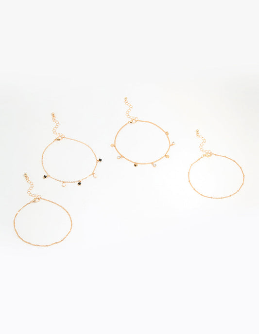 Gold Enamel Flower & Twisted Anklets 4-Pack