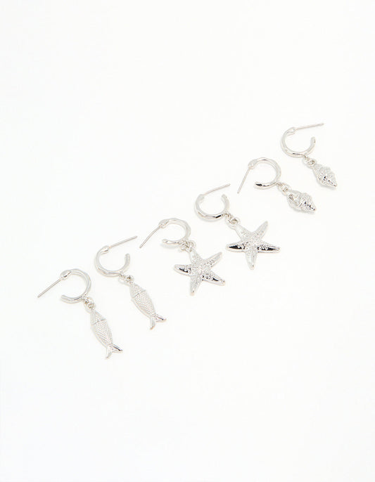 Silver Starfish & Shell Earrings 3-Pack