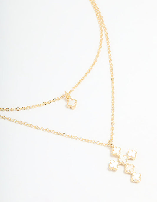 Gold Plated Flower & Cross Layered Necklace