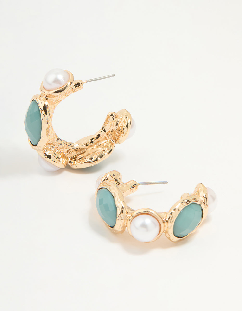 Gold Pearl & Blue Stone Alternating Hoop Earrings