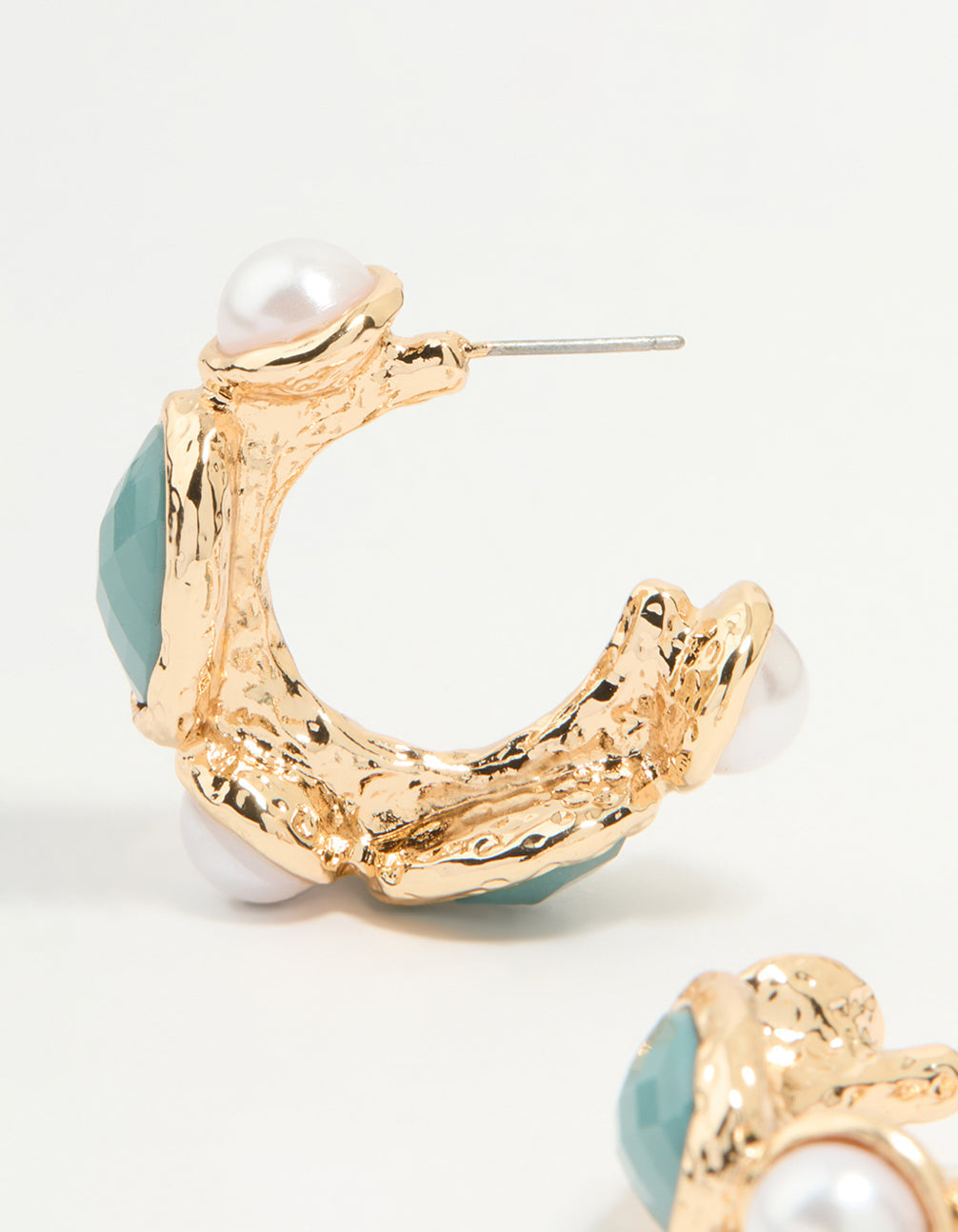 Gold Pearl & Blue Stone Alternating Hoop Earrings
