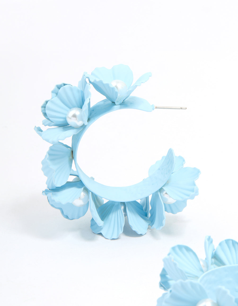 Blue Coated Metal Pearl Center Flower Hoop Earrings