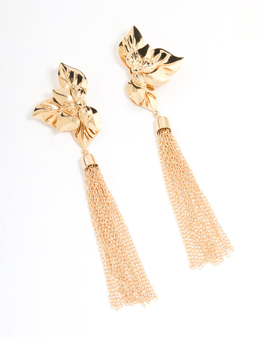 Gold Orchid Tassel Drop Earrings