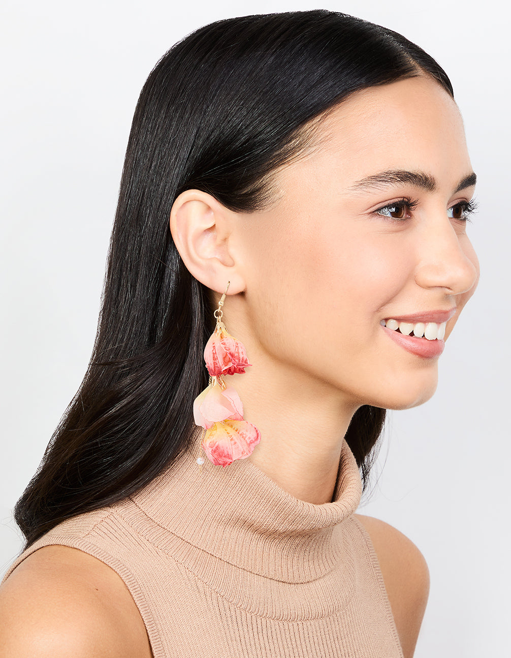 Pink Fabric Flower Drop Hook Earrings