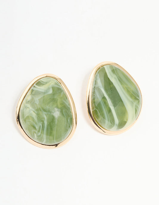 Gold Green Marble Organic Stud Earrings