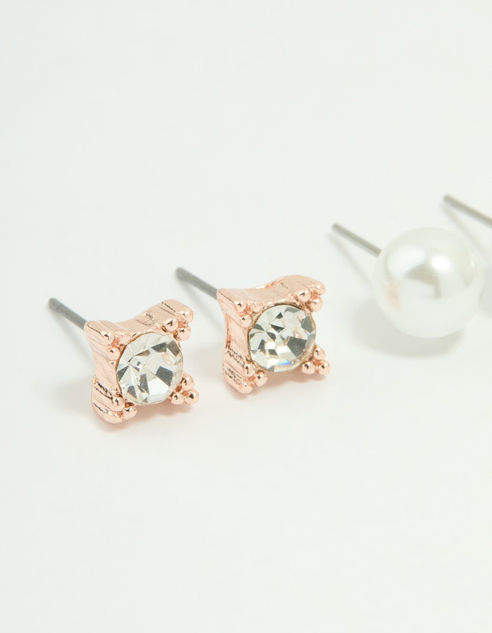 Rose Gold Diamante Pearl & Flower Stud Earrings 3-Pack