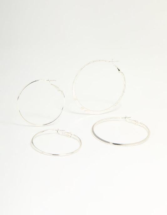 Silver Textured & Plain Hoop Earrings 2-Pack