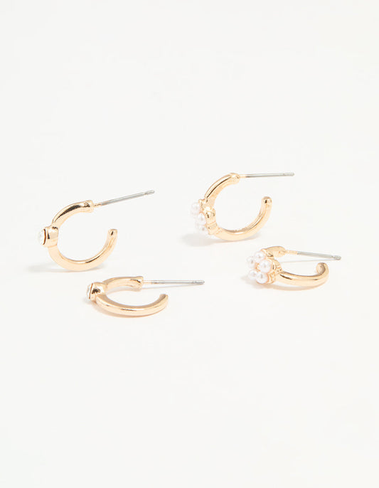Gold Diamante Pearl Flower Hoop Earrings 2-Pack