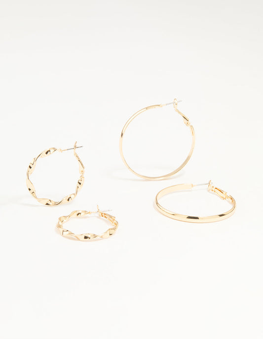 Gold Twisted & Plain Hoop Earrings 2-Pack