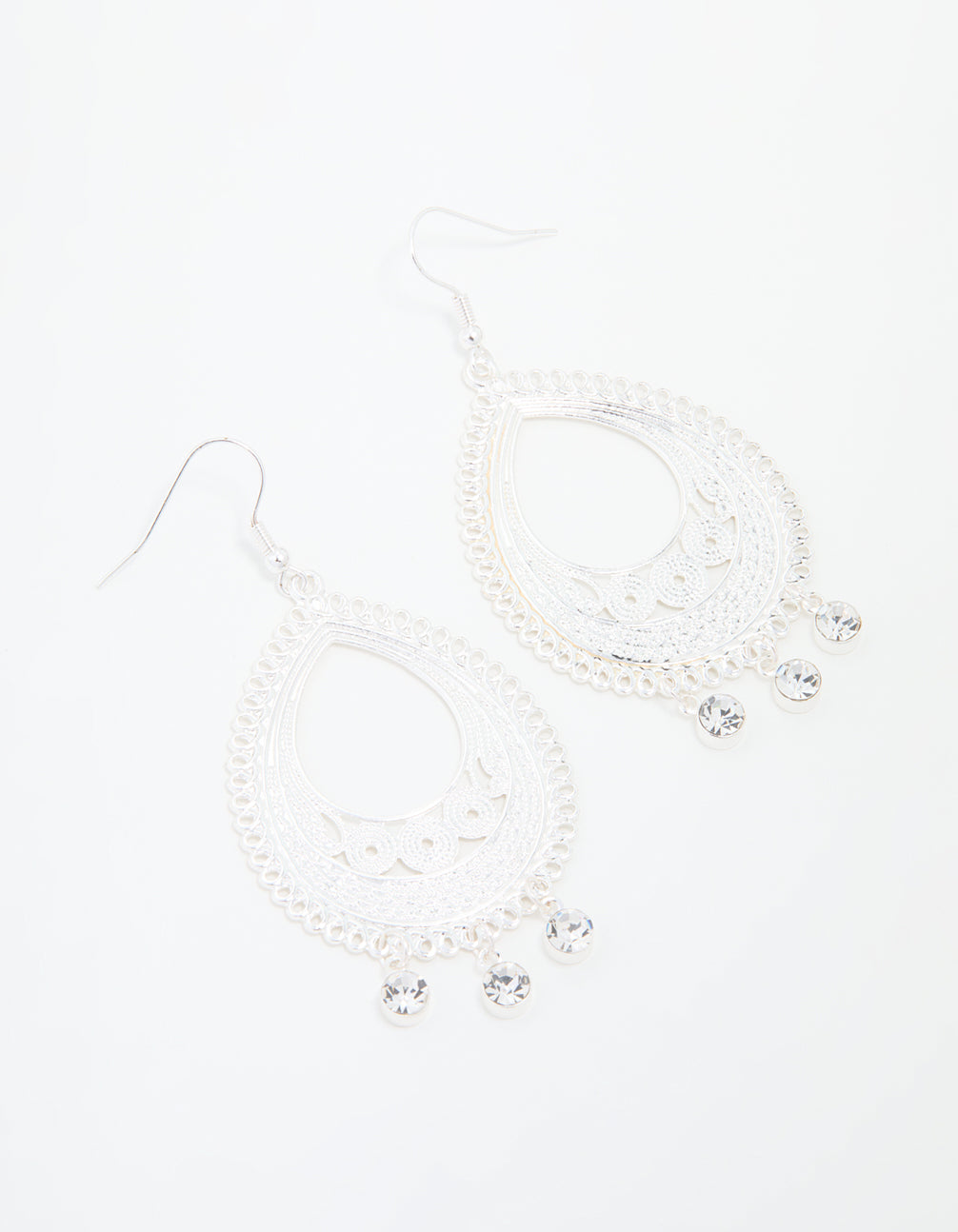 Silver Diamante Filigree Oval Drop Earrings