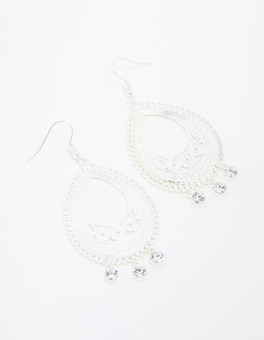 Silver Diamante Filigree Oval Drop Earrings