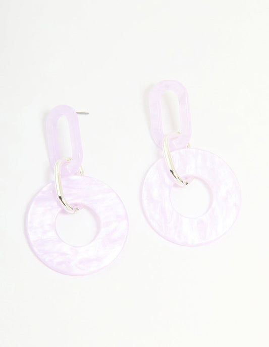Silver Pink Acrylic Circle Link Drop Earrings
