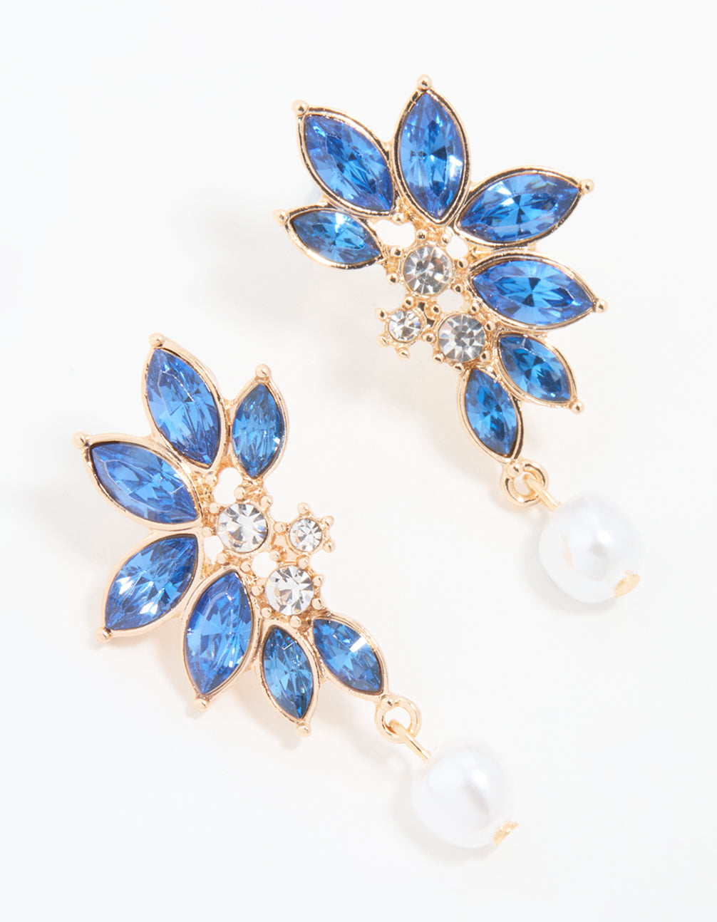 Gold Blue Diamante Pearl Marquise Stud Earrings