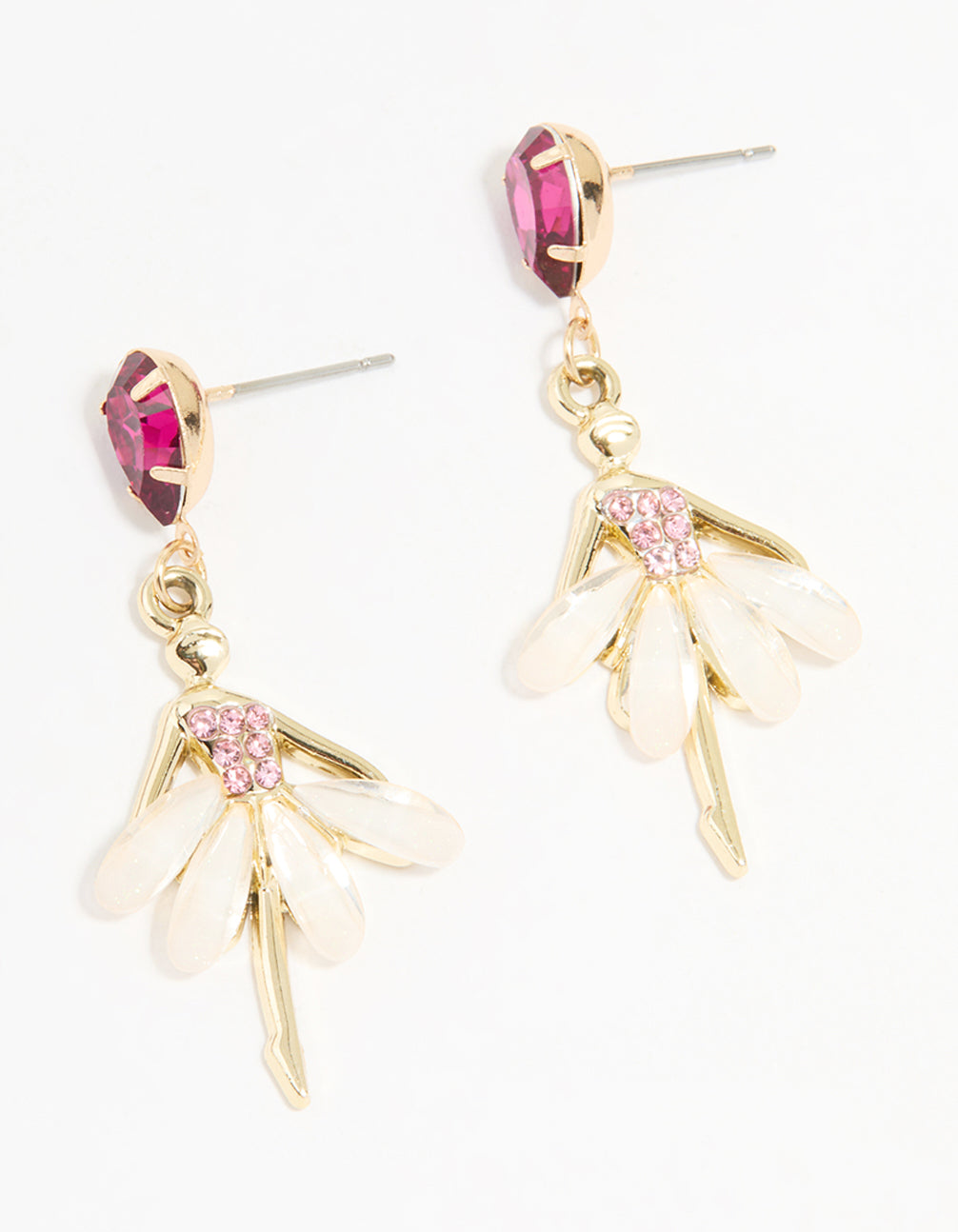 Gold Pink Diamante Ballerina Drop Earrings