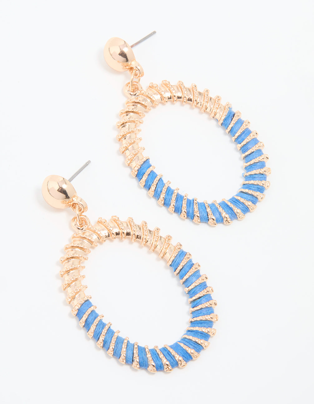 Gold Blue Textured Oval Drop Earrings