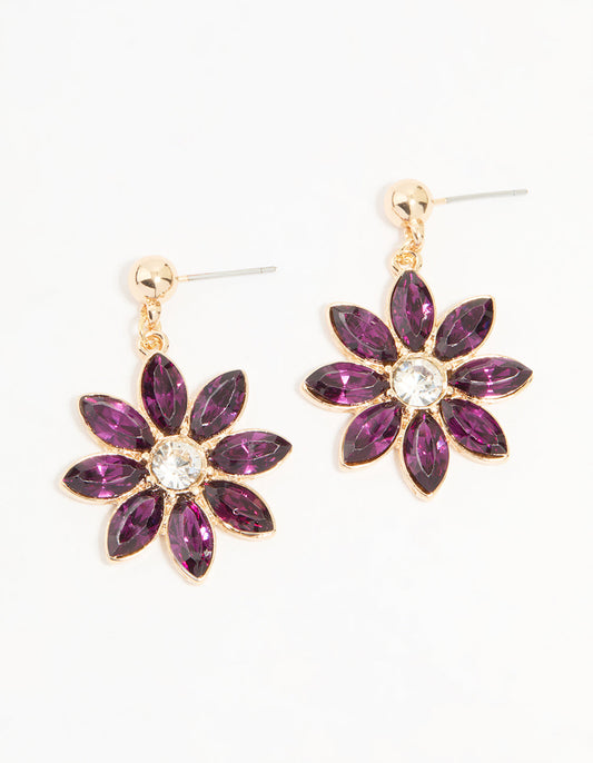 Gold Purple Diamante Flower Drop Earrings