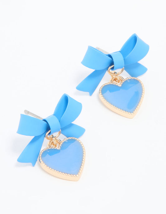 Gold Blue Coated Metal Bow Heart Drop Earrings