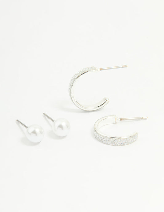 Silver Glitter Paper & Pearl Stud Earrings 2-Pack