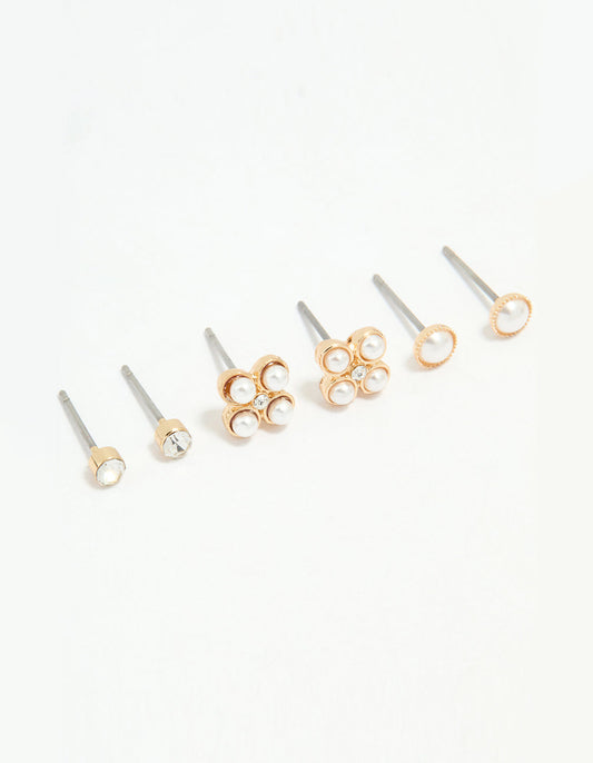 Silver Diamante & Pearl Stud Earrings 3-Pack