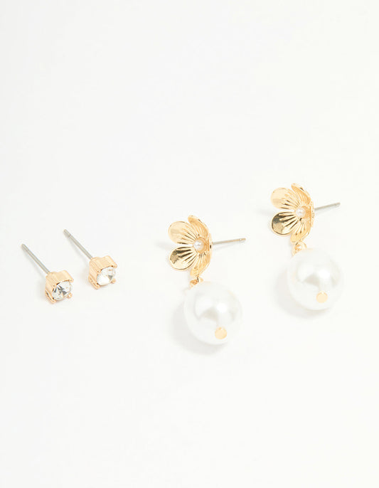 Gold Pearl Flower & Diamante Stud Earrings 2-Pack