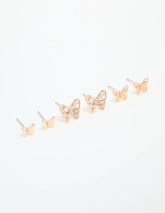 Gold Diamante & Sleek Butterfly Stud Earrings 3-Pack