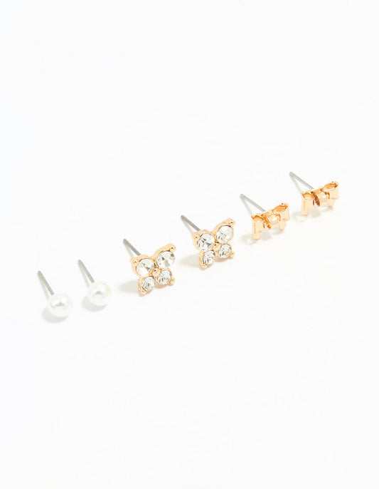 Gold Diamante & Butterfly Stud Earrings 3-Pack