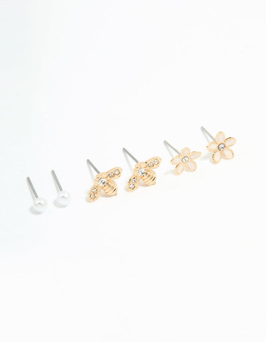 Gold Flower & Bee Stud Earrings 3-Pack