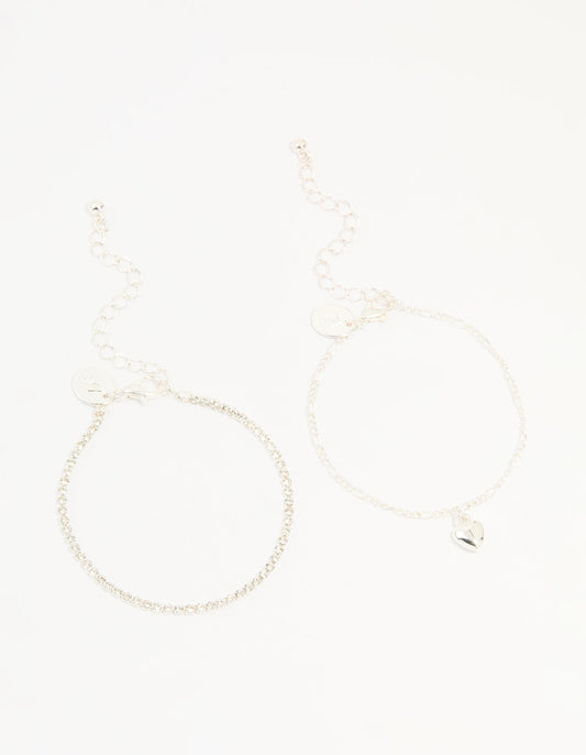 Silver Diamante Tennis Bracelet & Heart Bracelet 2-Pack