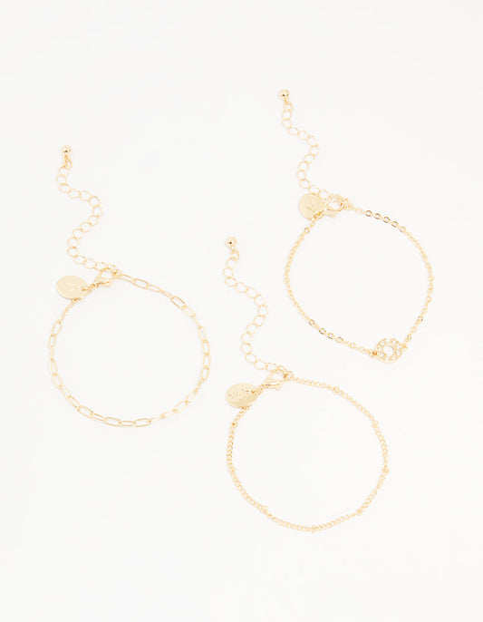 Gold Diamante Circle & Chain Bracelets 3-Pack