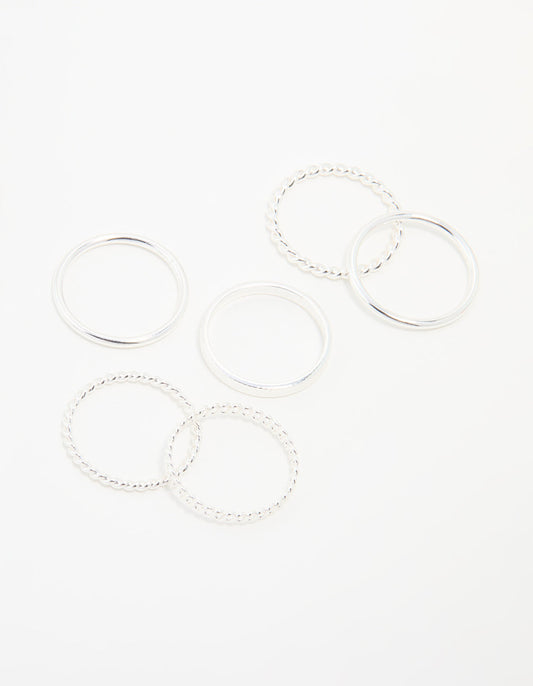 Silver Thin Twisted Stacking Rings 6-Pack
