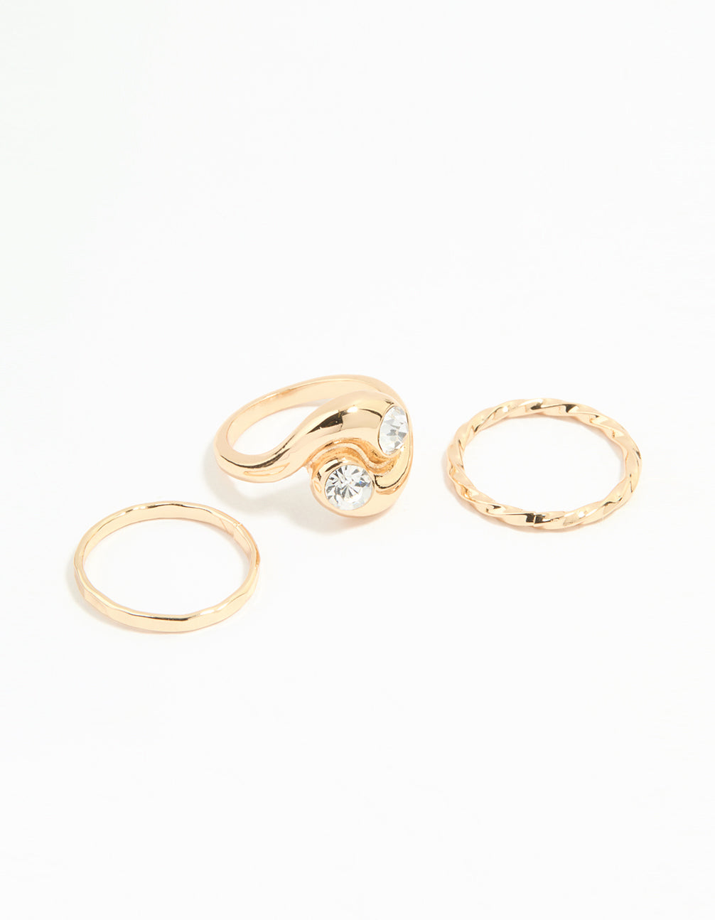 Gold Plated Thick Diamante Twisted Rings 3-Pack