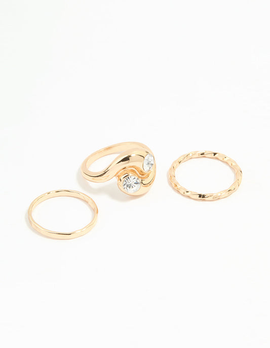 Gold Plated Thick Diamante Twisted Rings 3-Pack