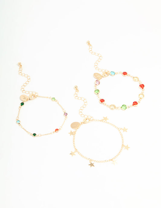Gold Multicoloured Gem & Star Bracelets 3-Pack