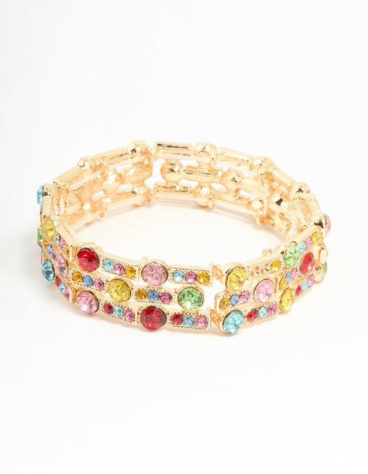 Gold Multicoloured Diamante Circe & Rectangle Stretch Bracelet