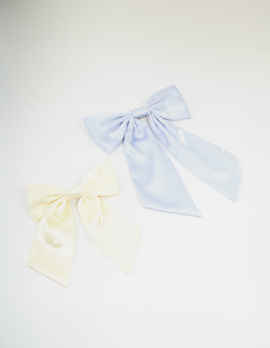 Cream & Blue Fabric Classic Bow Hair Clips 2-Pack