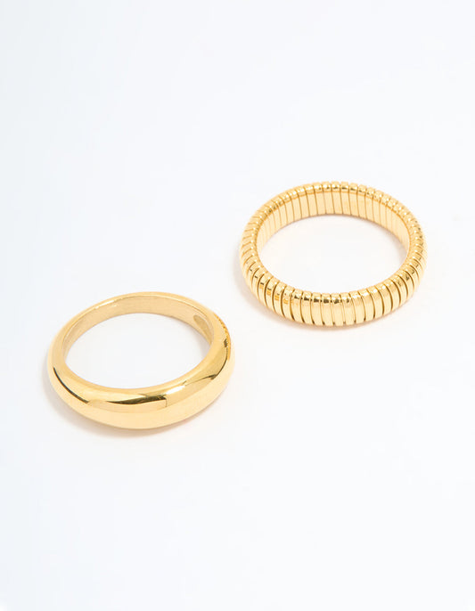 Waterproof Gold Plated Stainless Steel Ridge & Smooth Rings 2-Pack