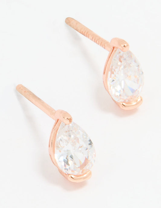 Rose Gold Plated Sterling Silver Cubic Zirconia Pear Stud Earrings