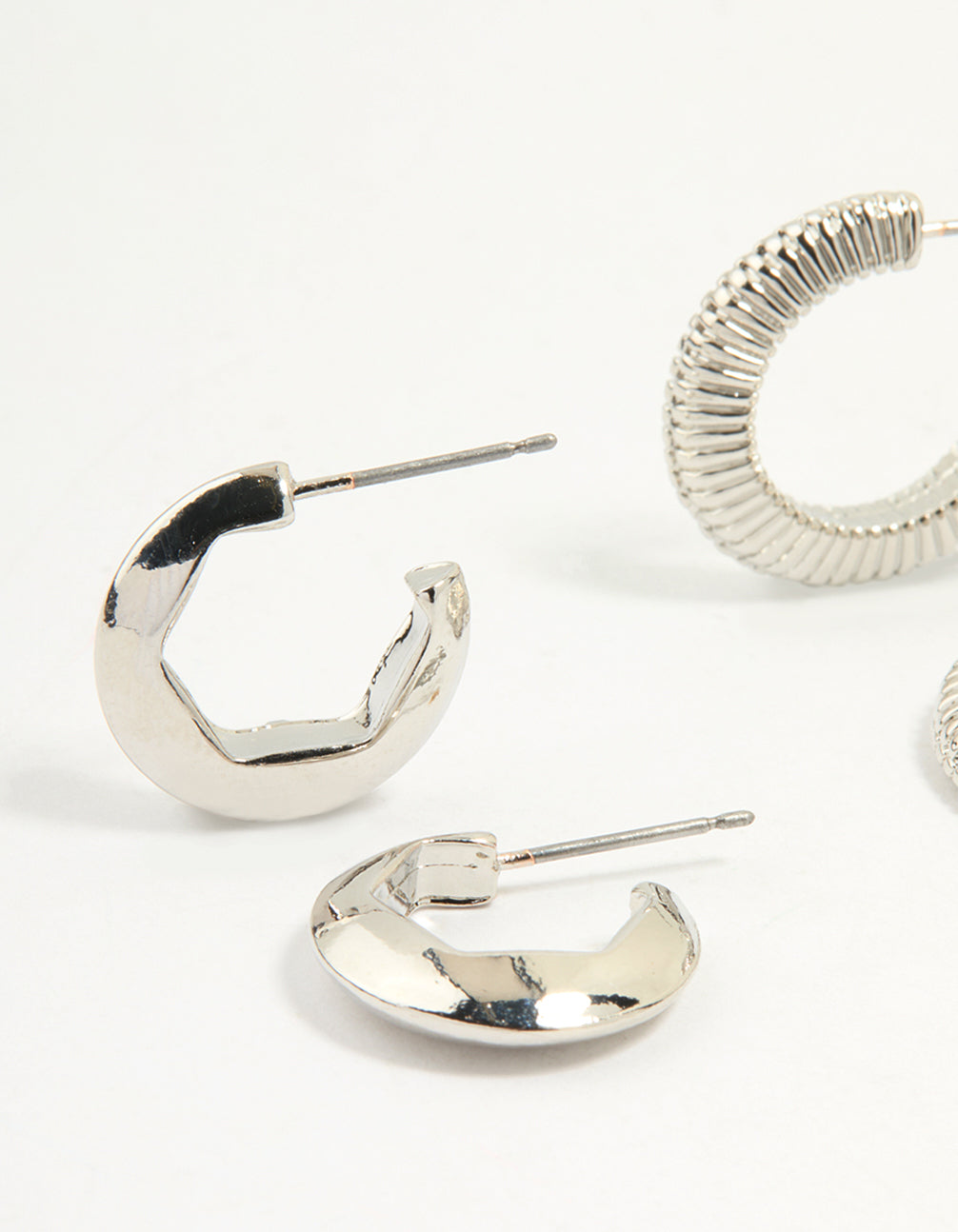 Silver Smooth & Ribbed Hoop Earrings Pack