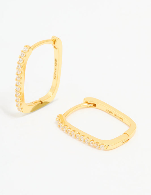 Gold Plated Sterling Silver Cubic Zirconia Pavé Oblong Hoop Earrings