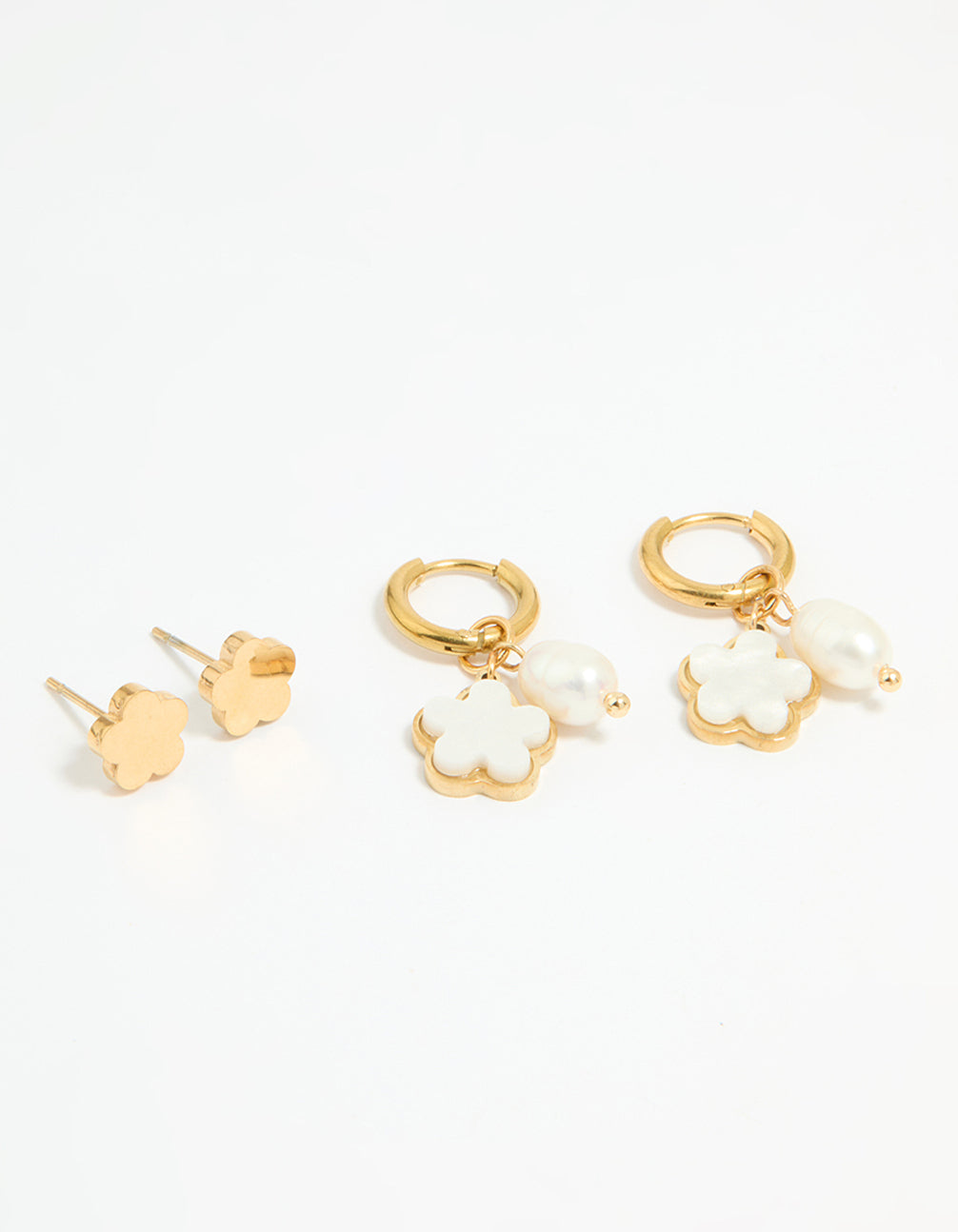Waterproof Gold Plated Stainless Steel Freshwater Pearl Flower Earrings 2-Pack